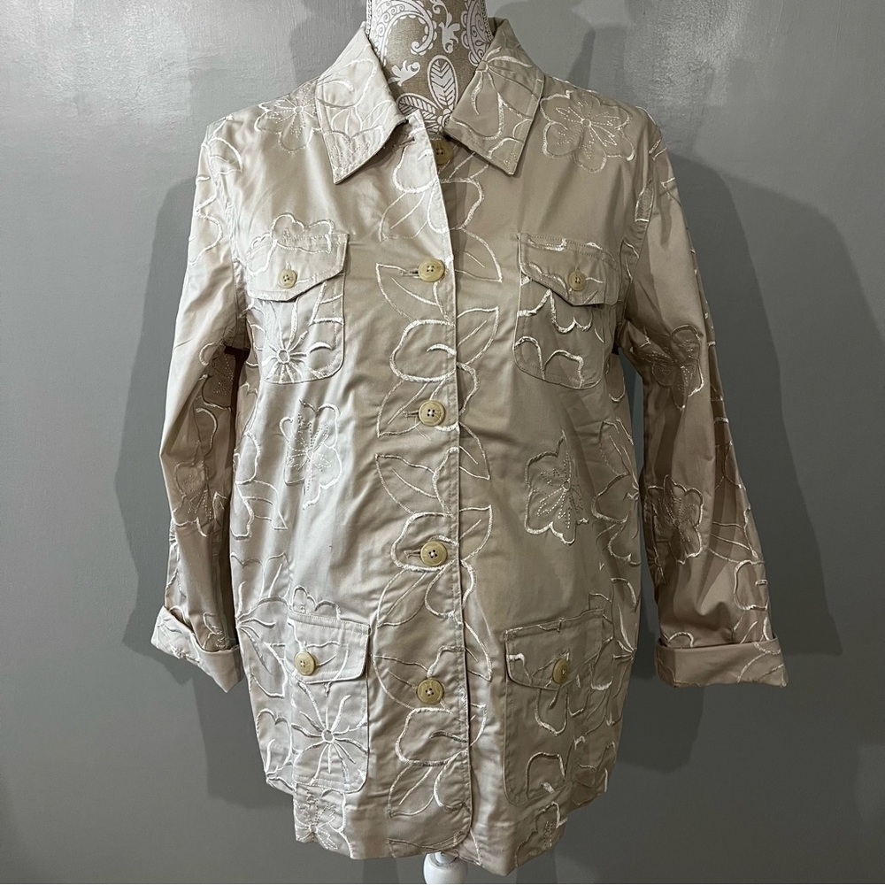 Susan Graver Tan Embroidered Floral Utility Cargo Jacket / Medium